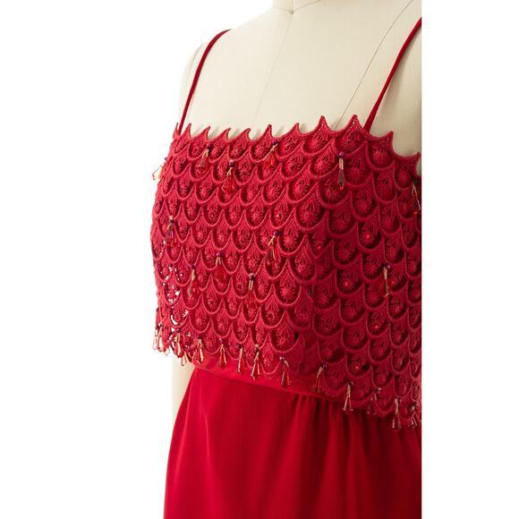 Vintage 1960s Cocktail Dress 60s Beaded Rhinestone Lace Red Sheath Wiggle Party - Picture 6 of 10